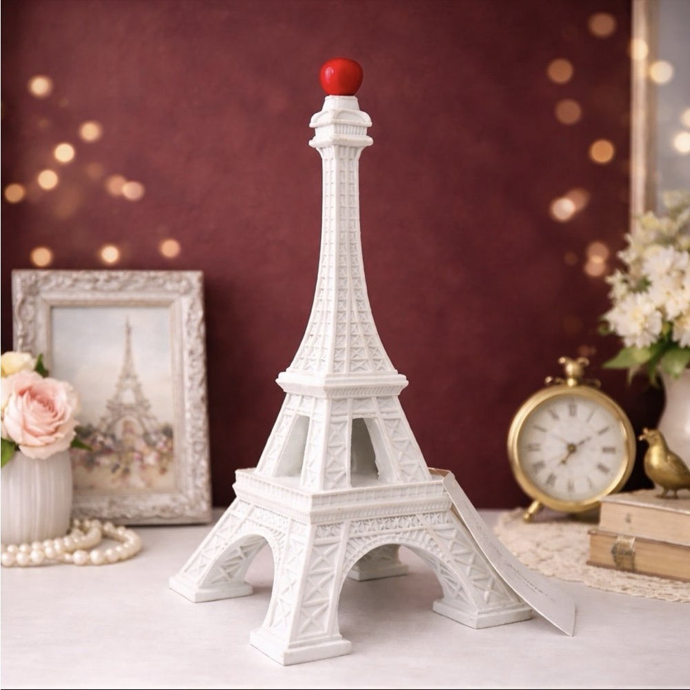 cupcakes & cashmere White Eiffel Tower Decor with Red Accent